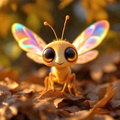 The primary subject of the image is a small, colorful, and cute insect, possibly a butterfly or a bee, with big eyes and a smile on its face. The insect is standing on a leaf-covered ground, which serves as the setting for the scene. The visual style of the image is a combination of photo and digital art, creating a unique and eye-catching appearance. The colors and mood of the image are vibrant and cheerful, with the insect's big eyes and smile adding